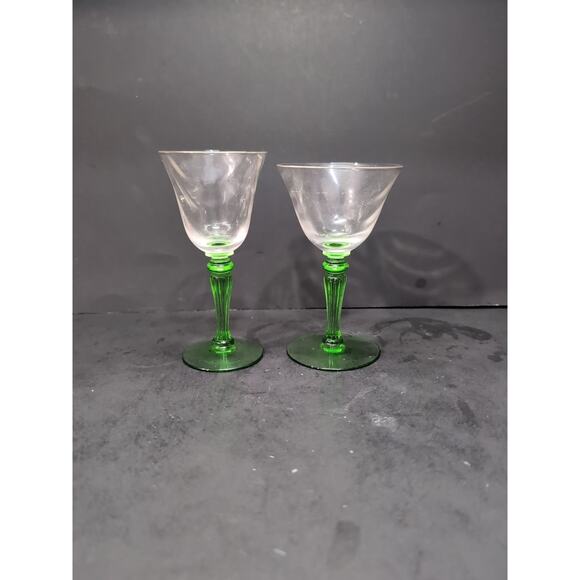 Tiffin Green Stem Cordials Festoon Optic Wine Uranium Vintage Stemware, Set of 2 - Picture 4 of 13